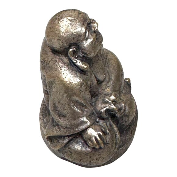 Brass Laughing Buddha Figurine Good Fortune Miniature Zen Monk Paperweight VTG - Picture 4 of 8